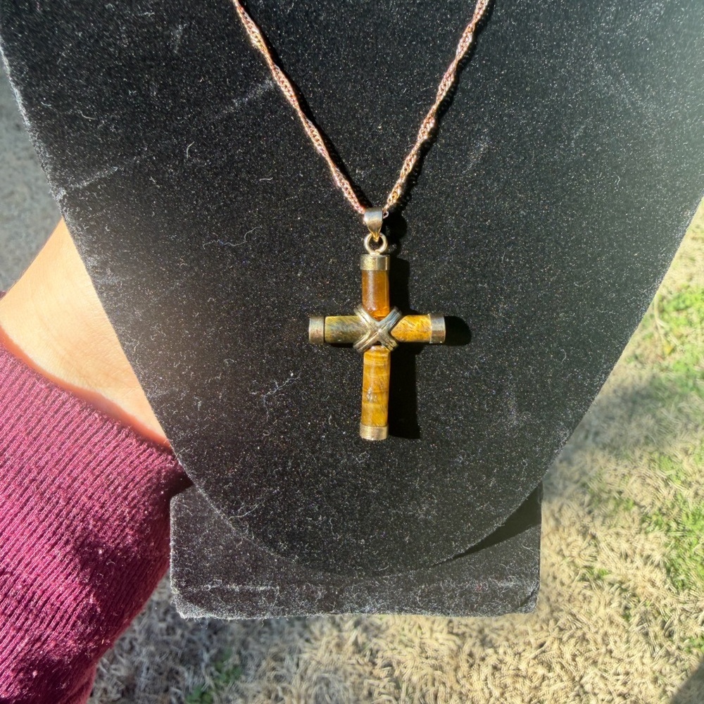 Tiger Eye Gold Cross Pendant Necklace - Picture 2 of 3